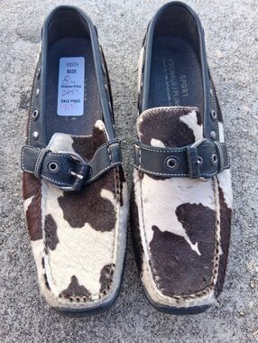 Donald J. Pliner Brown and White Cowhide Slip-On Loafers with Buckle